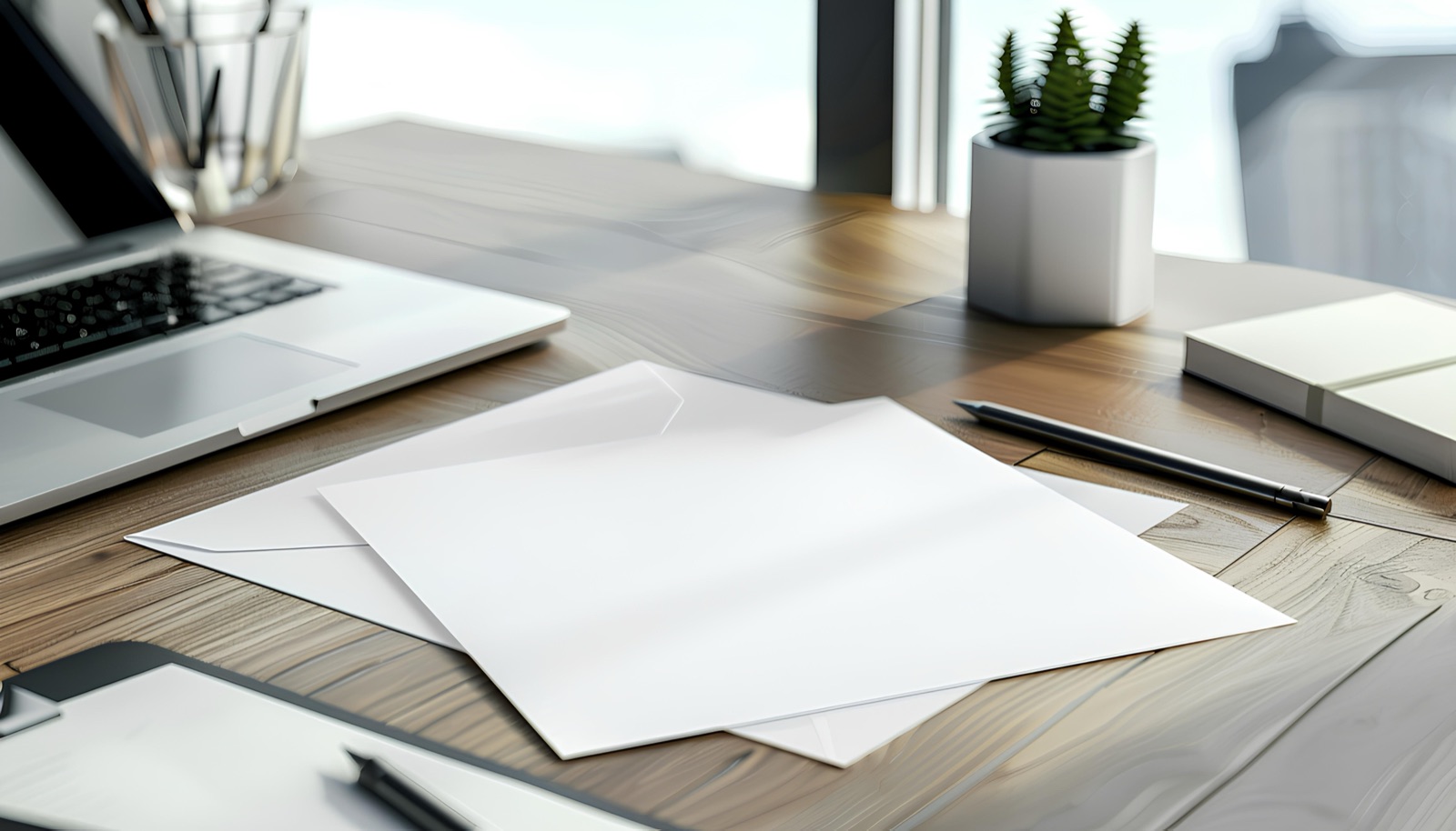 Lettre vierge et enveloppe blanche sur un bureau — résiliation de bail