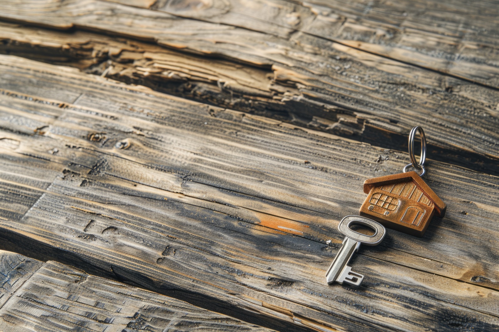 Clé d'appartement avec porte-clé en forme de maison sur un sol en bois — fin de bail et libération de la caution